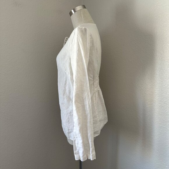Juicy Couture Popover Linen Blouse Keyhole Tie Smocked White Minimalist Sz M - Picture 4 of 12